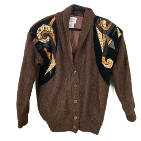 Vintage Cervelle 80s Wool Mohair Cardigan sweater M brown Artsy button up lined - Picture 1 of 12